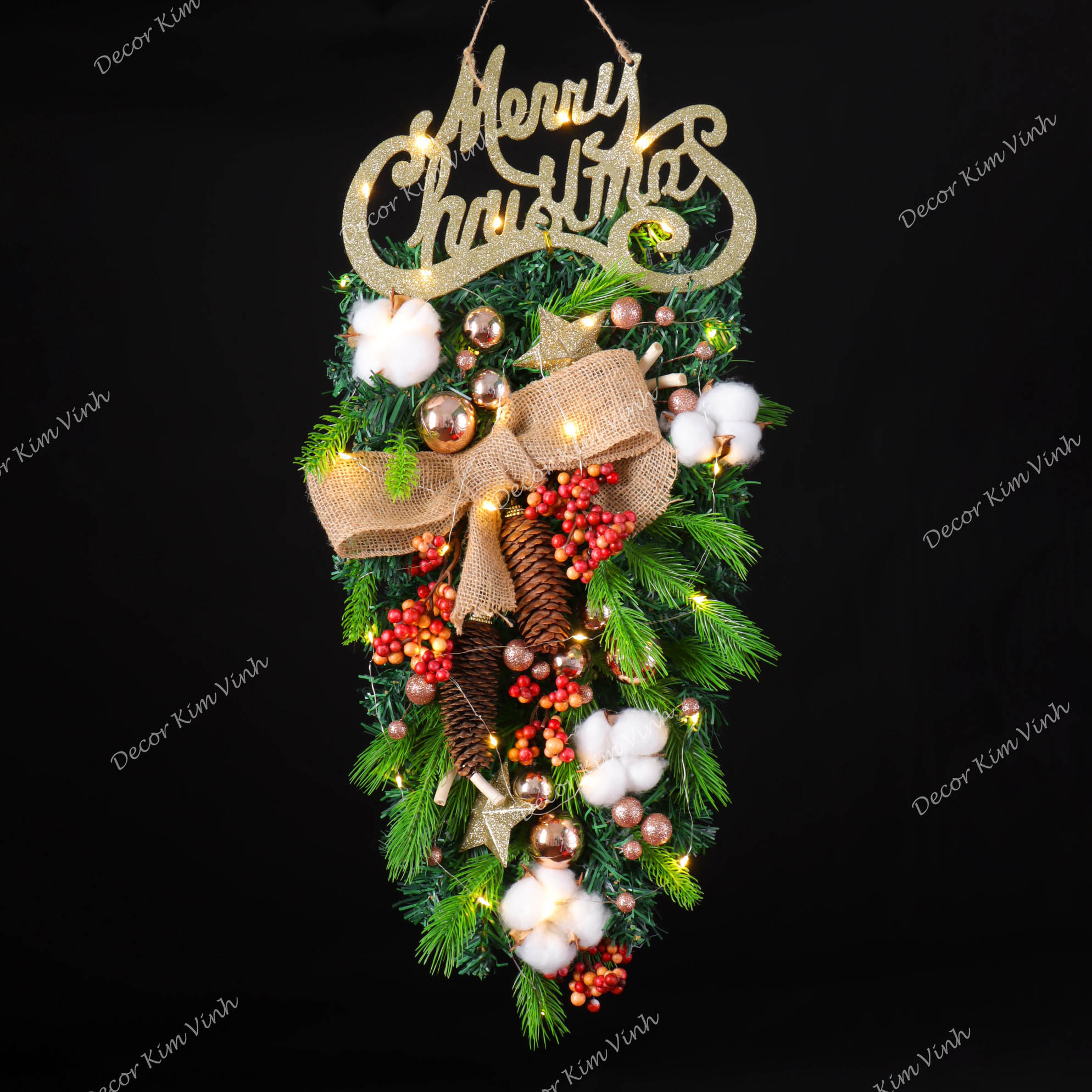 Dây Treo Chùm Thông CT06 Chùm Thông Merry Nơ Vải Trang Trí Noel Kèm đèn
