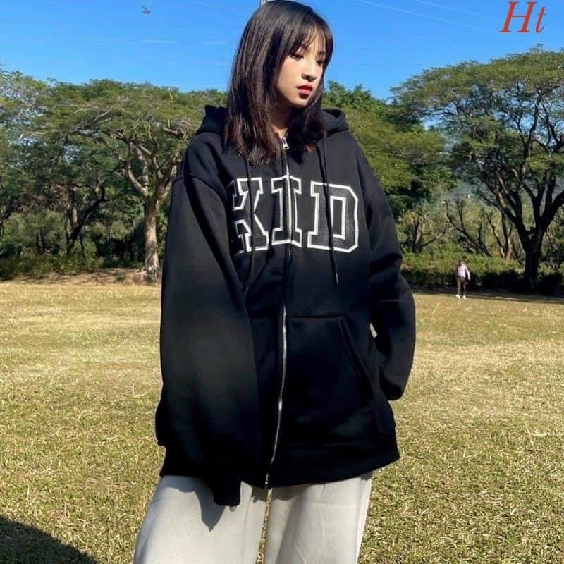 Hình ảnh áo khoác nỉ hot , mặc cho mùa hè, Áo Hoodie Zip Kéo Khoá Chữ KID Cao Cấp Chất Nỉ Ngoại Dày Dặn Form Rộng Tay Phồng-Unisex Nam Nữ( Hàng Sẵn)