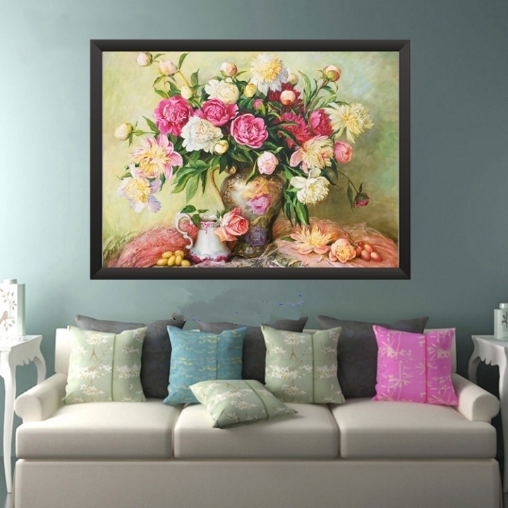 Tranh đính đá bình hoa mẫu đơn khoe sắc 75x55cm - chưa đính