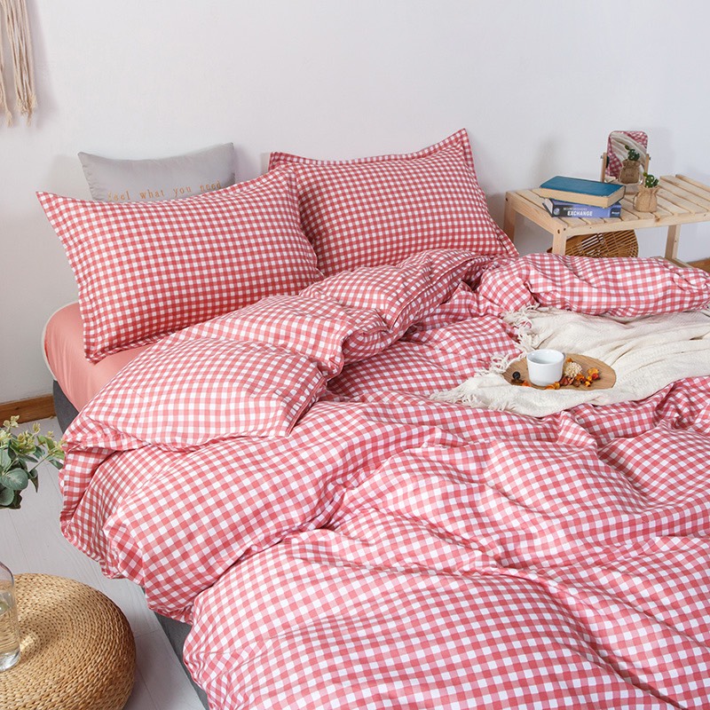 Bộ chăn ga gối cotton LIDACO PL1 - Caro Cam - TẶNG VỎ GỐI ÔM
