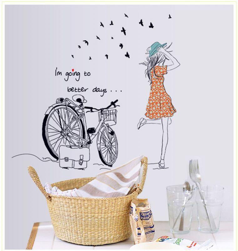 DECAL DÁN TƯỜNG CÀNH ĐÀO HỒNG VÀ CÔ GÁI XE ĐẠP - HP899