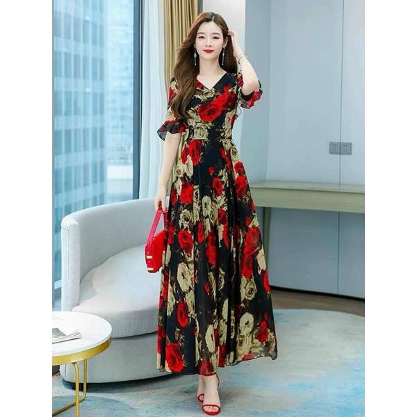 HÀNG NHẬP - ĐẦM MAXI VOAN CỔ V TAY LOE