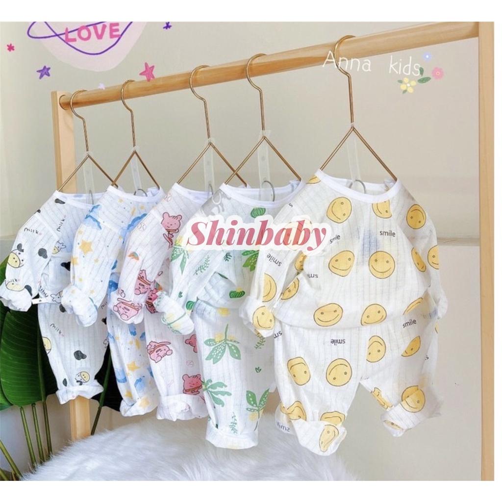 Set 5 bộ cotton giấy dài tay cài vai mỏng mát cho bé nhiều họa tiết dễ thương