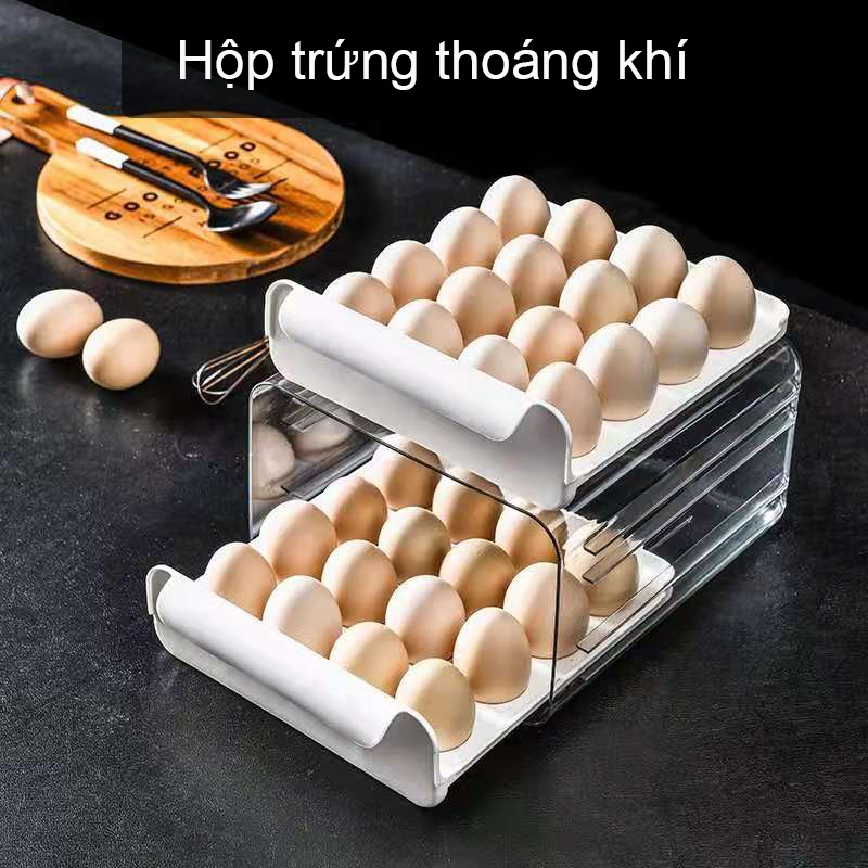 Hộp nhựa thoáng khí đựng trứng 2 tầng kiểu dáng ngăn kéo thiết kế trong suốt quan sát dễ dàng bên trong hộp - Khay đựng trứng 2 tầng 32 ô bằng nhựa để trong tủ lạnh