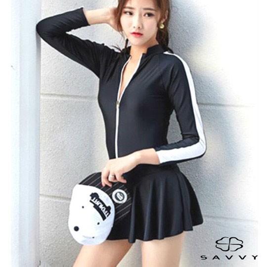 Đồ Bơi Dài Tay Chống Nắng Che Bụng, Bikini, Áo Tắm Liền Váy 1 Mảnh Phối Tay Viền Trắng Bản To Hàn Quốc Cực Đẹp