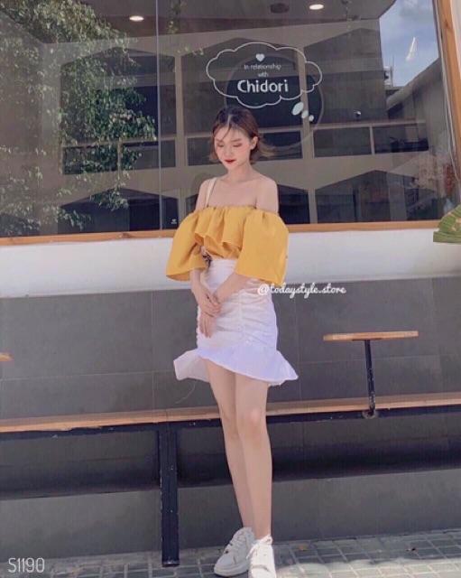 Sét áo nhún bèo 2 lớp trễ vai kèm chân váy nhún siêu xinh