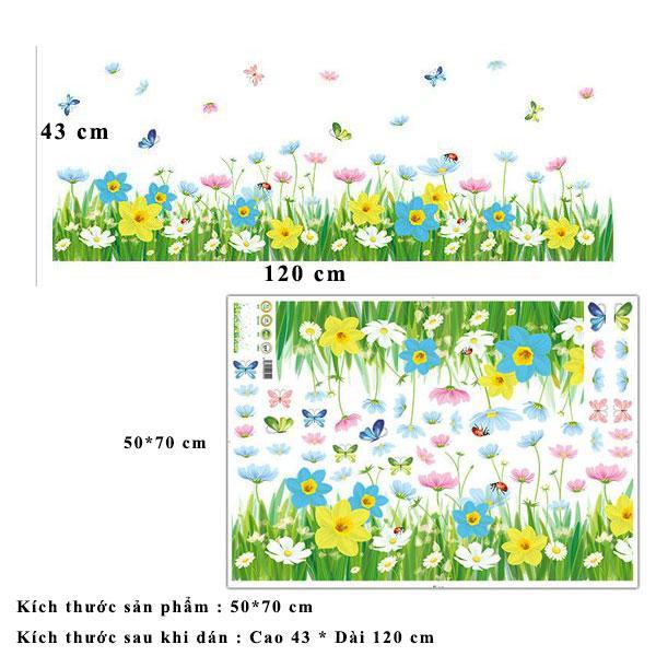 DECAL DÁN TƯỜNG HOA XANH TÍM VÀ CHÂN TƯỜNG HOA CỎ