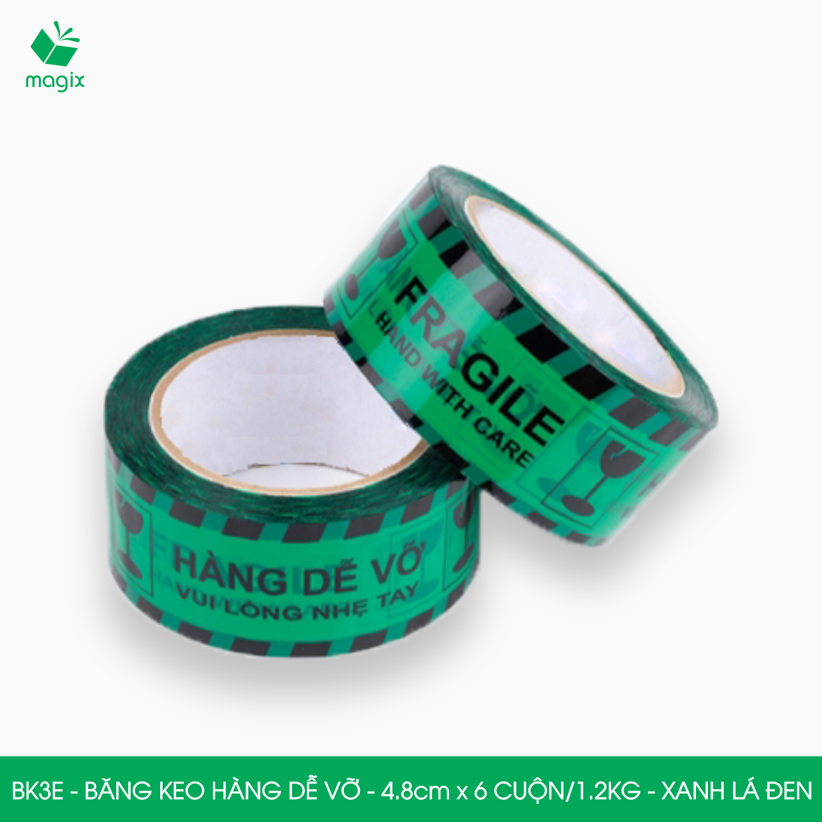 BK3E - Băng keo HÀNG DỄ VỠ màu xanh lá đen khổ 4.8 cm - Băng dính niêm phong - 3 cuộn