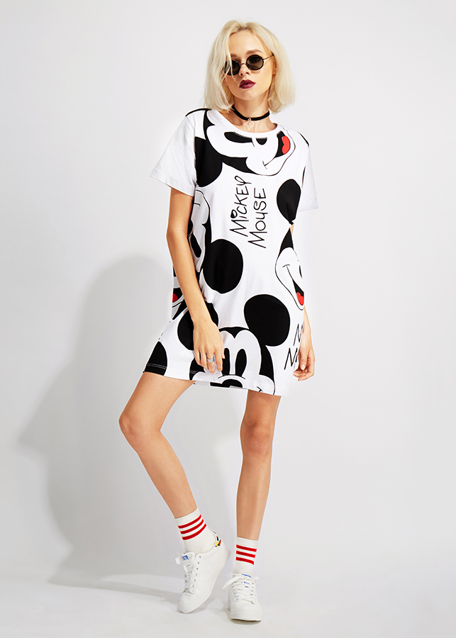 Đầm Thun Form Suông Mickey Face - Trắng