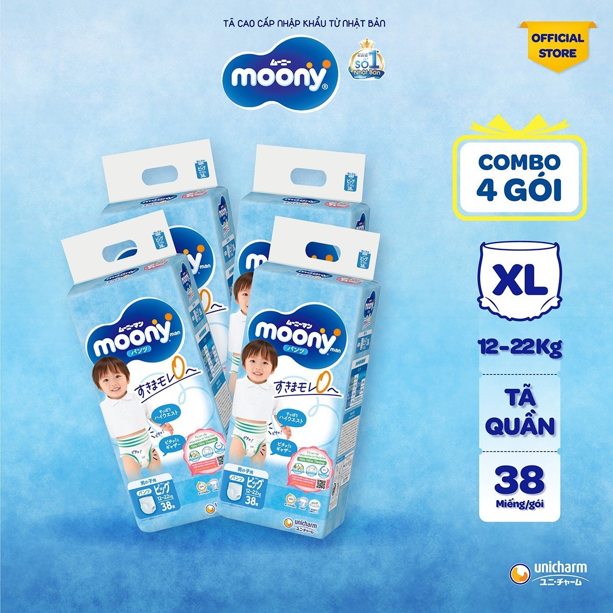 Combo 4 Gói Tã Quần Moony Bé Trai Gói Đại Xl38 38 Miếng