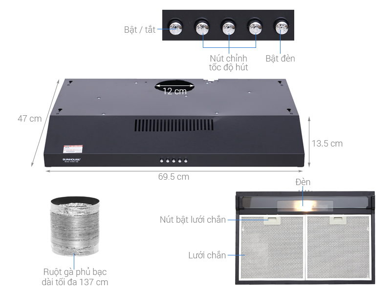 Máy hút mùi vỏ sơn SUNHOUSE SHB6118B - Hàng chính hãng
