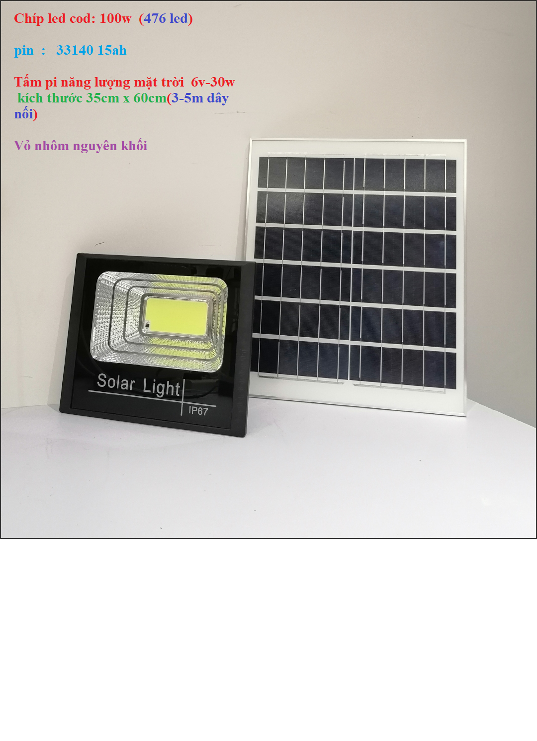 Đèn pha năng lượng mặt trời 60w-100w-200w công suất thực