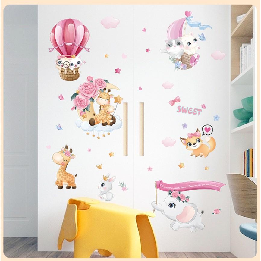 Decal dán tường trang trí - MÈO VÀ NAI CON ĐÁNG YÊU CHO BÉ