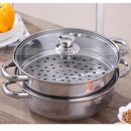 Nồi hấp inox 2 tầng kèm vung kính dùng được bếp từ