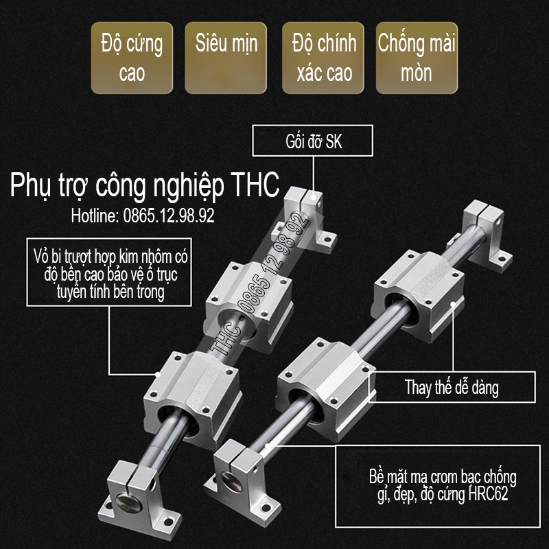 Bộ thanh trục trượt tròn phi 25mm (2 thanh SC25 dài 1 mét + 4 bi trượt SCS25UU + 4 gối đỡ SK25)