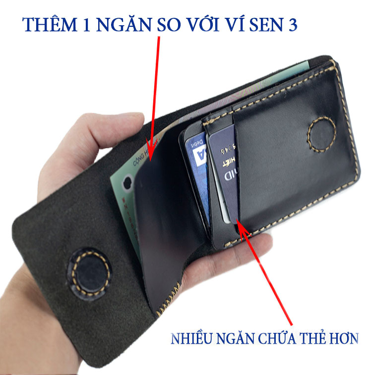 Hình ảnh Ví sen 3 PLUS da bò Pullup V123, bóp mini nam nhỏ gọn hai màu đen và nâu, đường chỉ may tinh tế, đựng thẻ kẹp tiền tiện lợi, fullbox, thương hiệu Bụi leather chuyên đồ da thật