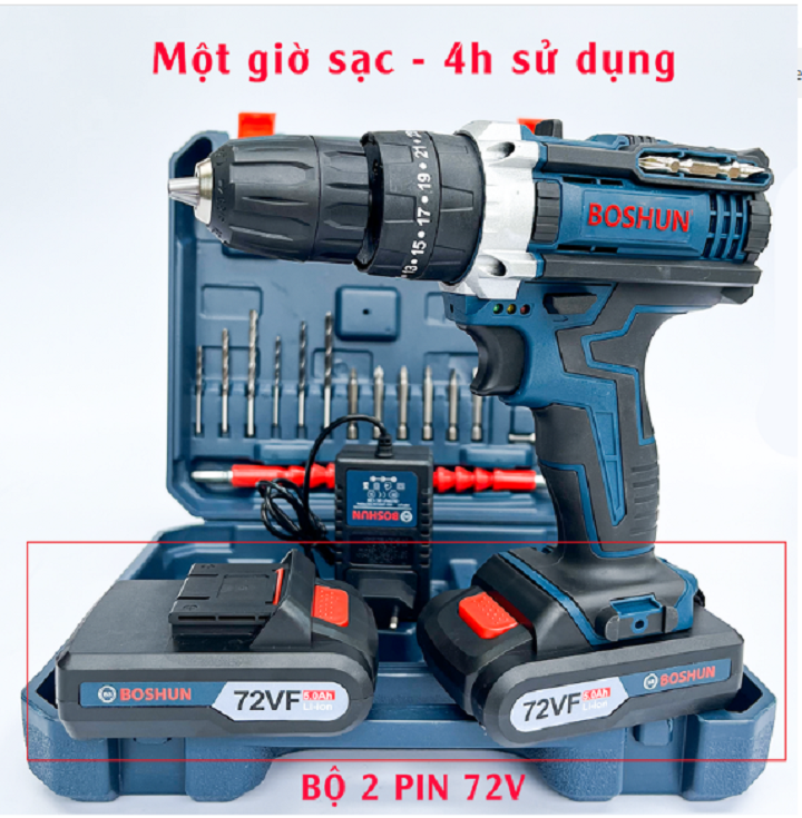 MÁY KHOAN PIN BẮT VÍT BOSHUN 72V CÓ BÚA - 3 CHỨC NĂNG - MOTOR 100% DÂY ĐỒNG - BẢO HÀNH 12 THÁNG