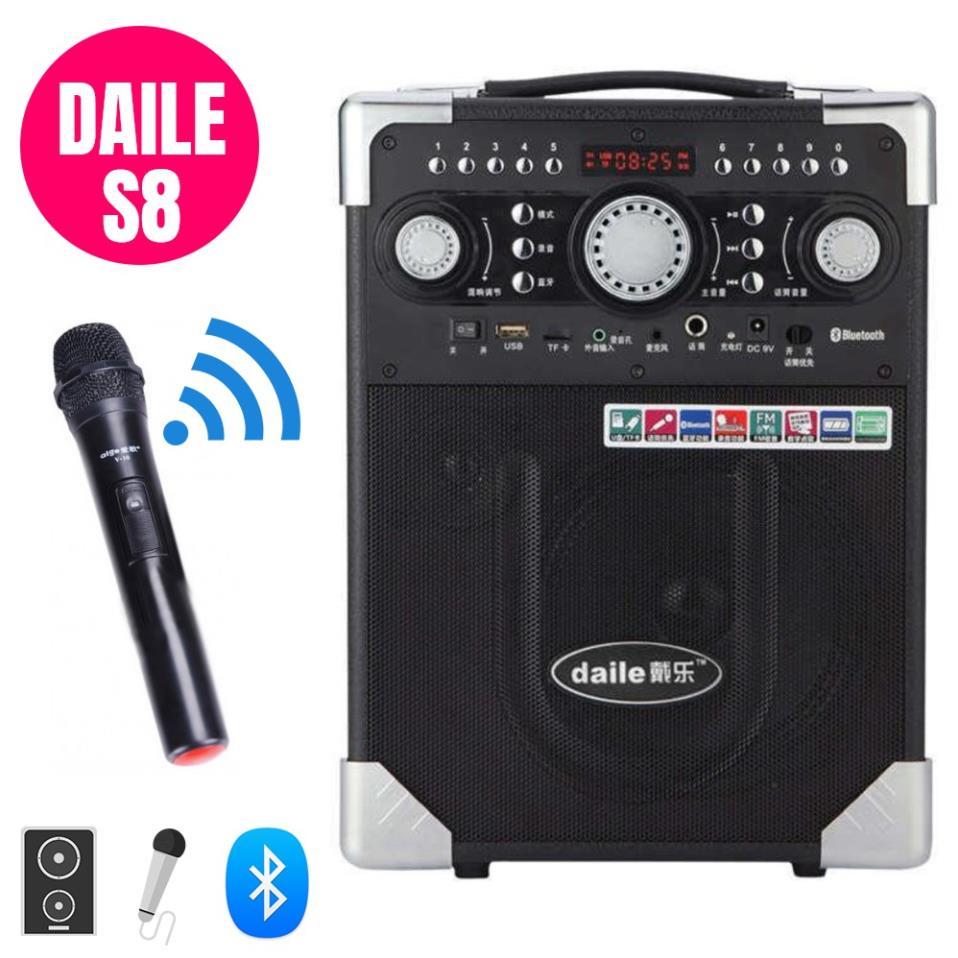 Tặng kèm mic không dây -  loa Daile S8, loa karaoke mini, công suất max 150w