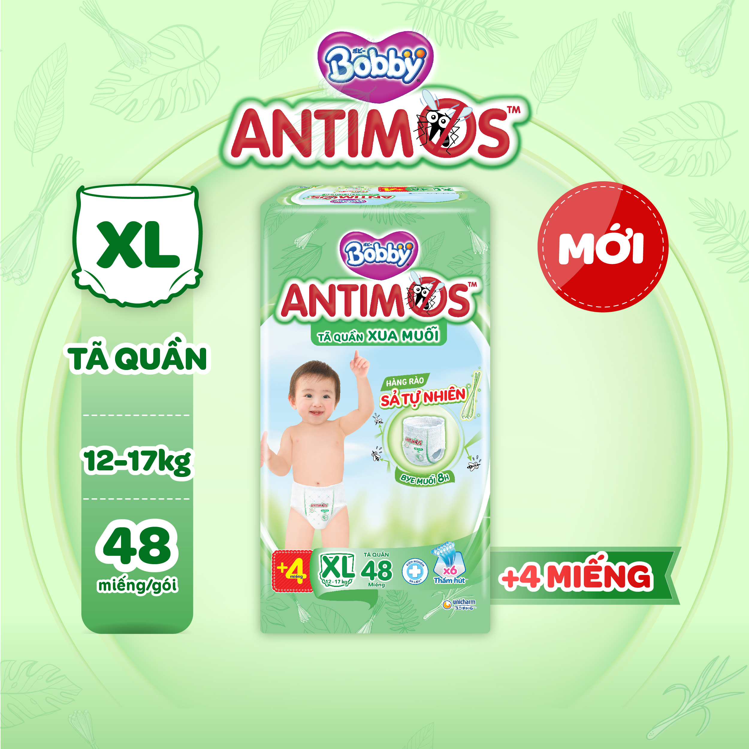 [TẶNG KÈM 4 MIẾNG] Tã Quần Xua Muỗi Bobby Antimos – Hàng rào Sả tự nhiên Bye Muỗi 8H - Size XL 48 miếng