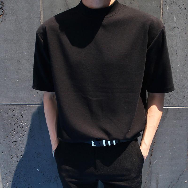 Áo thun nam trơn cổ cao mùa hè, phong cách trưởng thành nam tay lửng