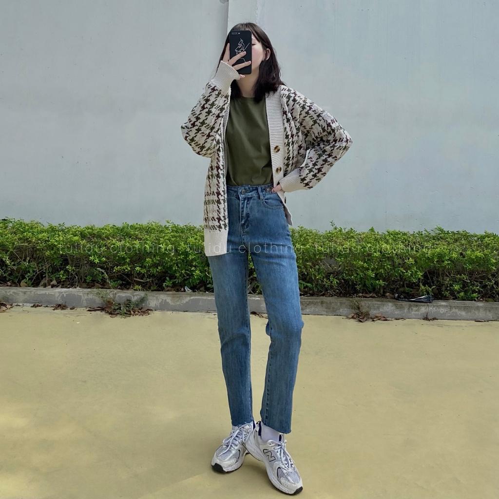 Quần Bò Ống Đứng Nữ Suông Nhẹ Lưng Cao Xẻ Tà Co Giãn Tulidu Quần Jean Ống Đứng Nữ