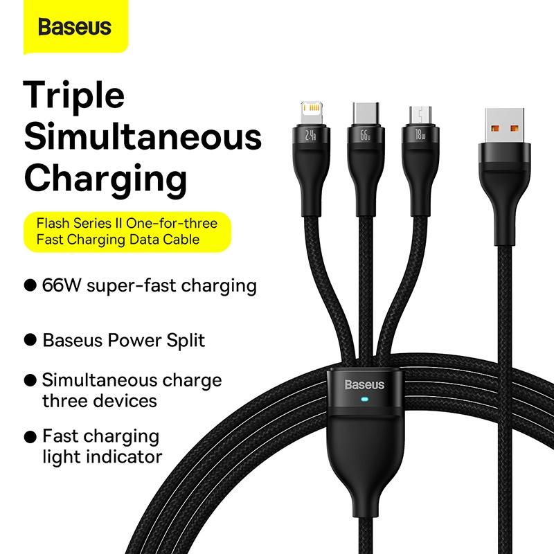 Cáp sạc nhanh 3 đầu Baseus Flash Series Ⅱ One-for-three Fast Charging Data Cable USB to M+L+C 66W (Hàng chính hãng)