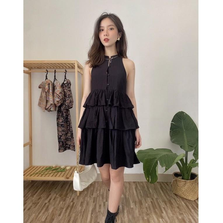 OLALASTUDIO Đầm cổ tàu 3 tầng Swan Black Dress