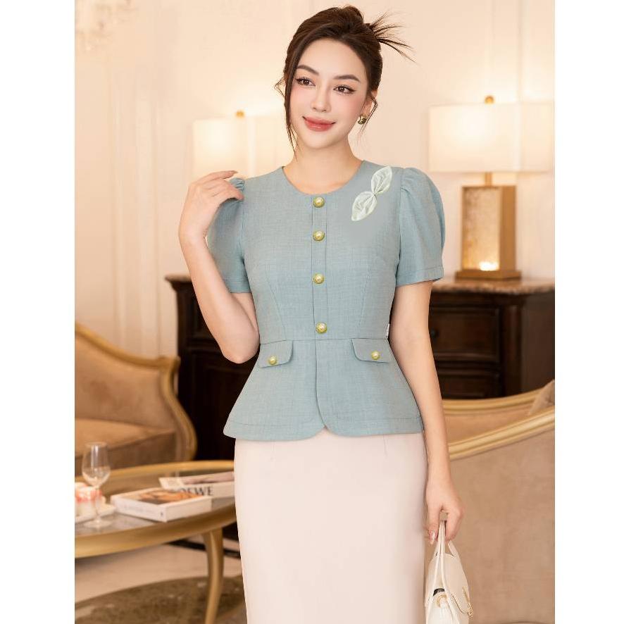 Áo sơ mi kiểu nữ peplum NƠ VAI phối nắp túi và chun lưng giấu bụng hiệu quả
