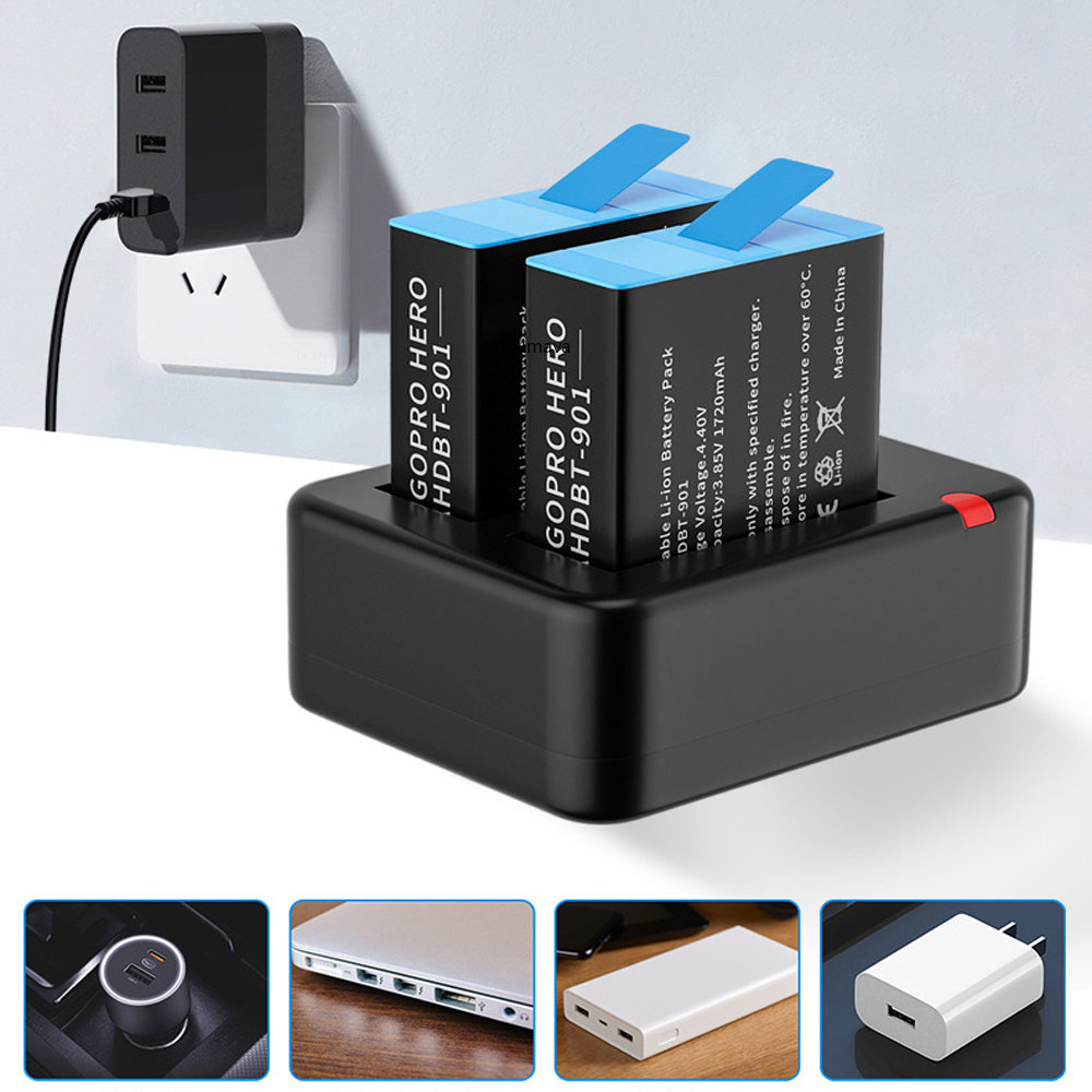 Khe cắm cổng kép Sạc đôi pin cho Gopro Go Pro Hero 11 10 9 Đen với cáp USB Phụ kiện camera hành động