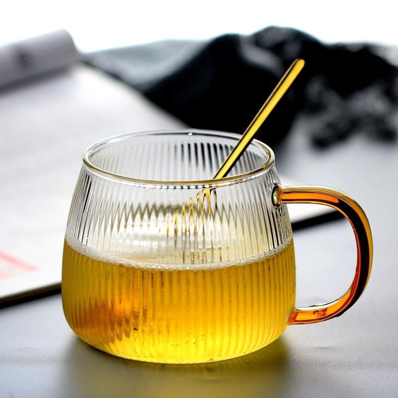 Cốc thủy tinh Vân sọc bầu Quai vàng , Cốc sinh tố, ly trà cafe thủy tinh cao cấp
