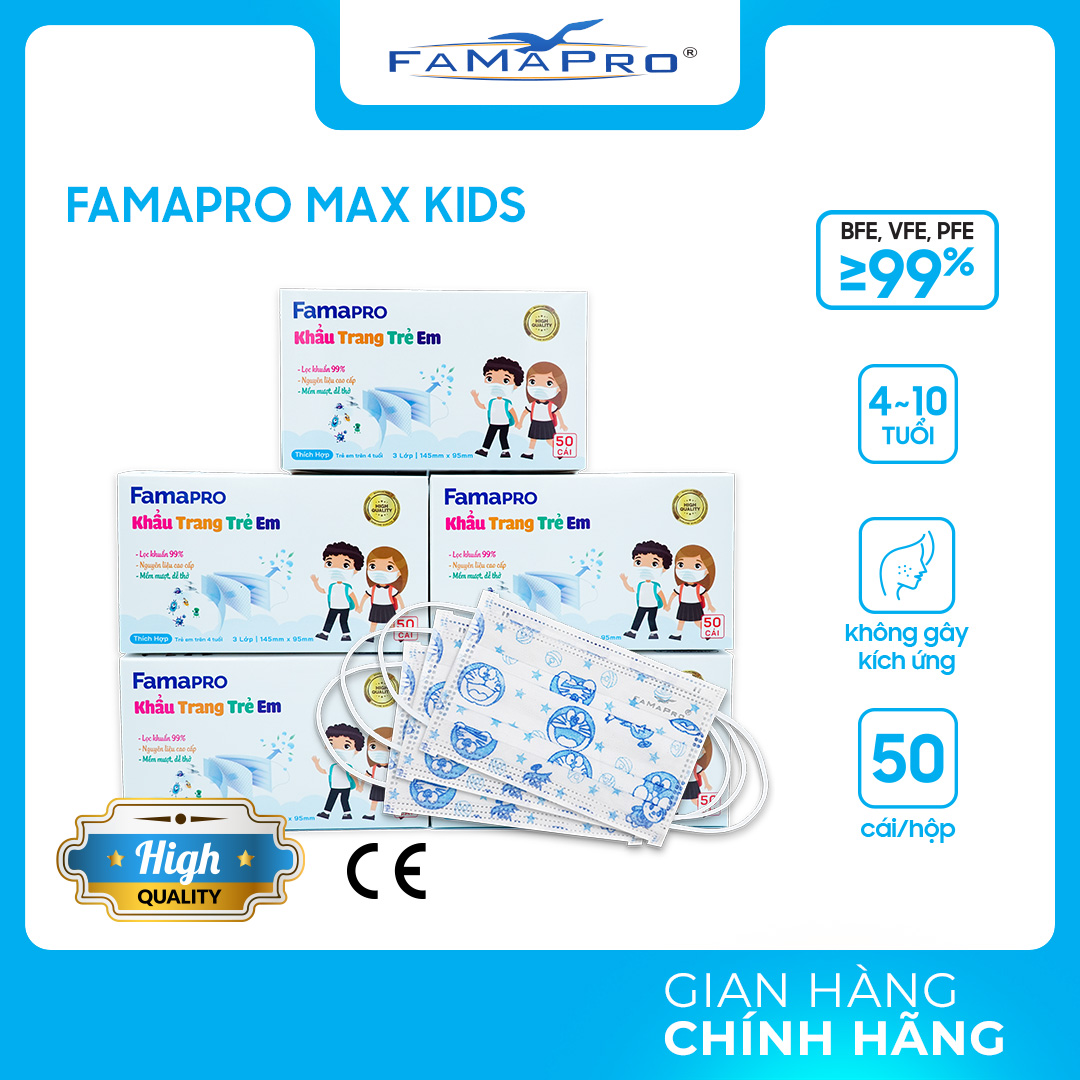 Famapro - Ktyt Max Kid Khẩu Trang Y Tế Trẻ Em Cao Cấp 3 Lớp Kháng Khuẩn Famapro Max Kid 50 Cáihộp - Combo 5 Hộp - Doremon