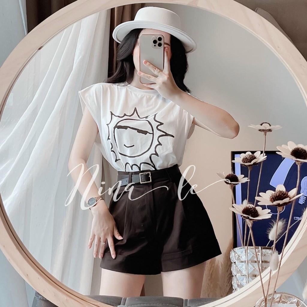 Sét đùi gấp lai có con đỉa và áo in hình mặt trời siêu cute kèm hình thật