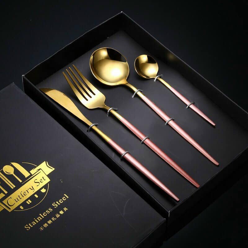 Sét 4 dụng cụ bàn ăn gồm dao, dĩa, muỗng ăn cho gia đình, nhà hàng bằng inox mạ màu phong cách châu Âu sang trọng hiện đại