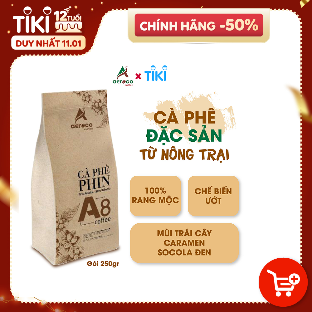 Cà phê AEROCO A8, gói 250g, pha phin, nguyên chất 100% rang mộc hậu vị ngọt thơm quyến rũ