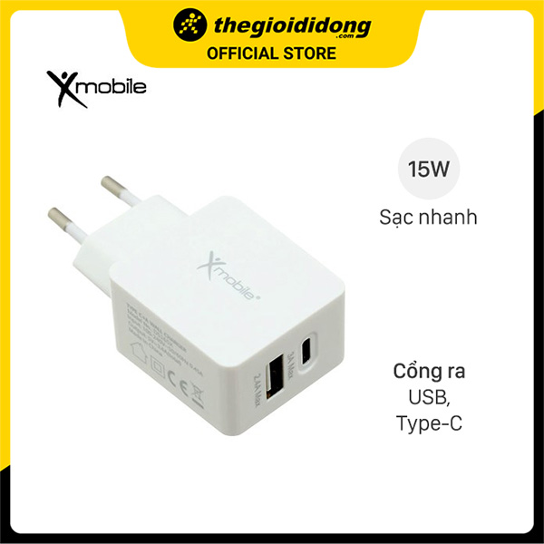 Adapter sạc 2 cổng USB Type C 15W Xmobile DS165X Trắng - Hàng Chính Hãng