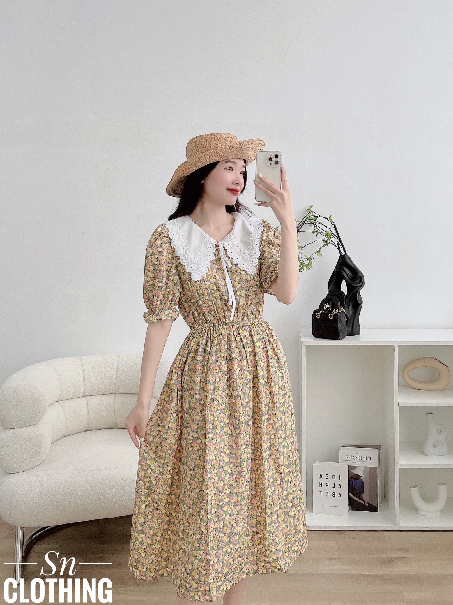 Váy hoa nhí cổ bèo cột nơ tiểu thư