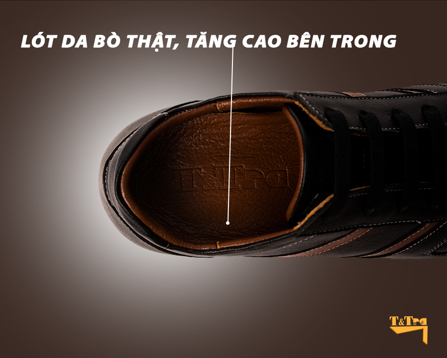 Giày Độn Nam Siêu Nhẹ T&TRA Tăng Cao 8Cm- T21 Đen sọc nâu - Chất Liệu Da Bò Cao Cấp, Đế và Lót Tăng Cao Chất Liệu EVA Siêu Nhẹ, Trọng Lượng Nhẹ Hơn 30% So Với Đế Cao Su