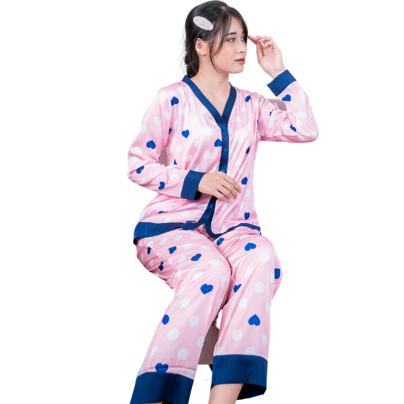 Đồ bộ pyjama nữ, đồ mặc nhà cao cấp VILADY - B103 kiểu cổ V tay dài quần dài họa tiết chấm Bi màu hồng, chất liệu lụa Pháp ( lụa latin) siêu mát