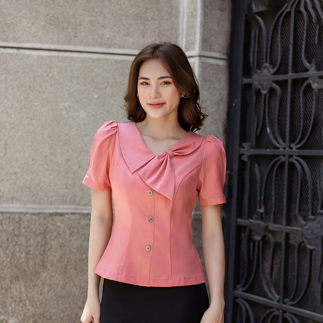 Áo kiểu công sở cổ tim nơ cách điệu thời trang Eden - ASM203
