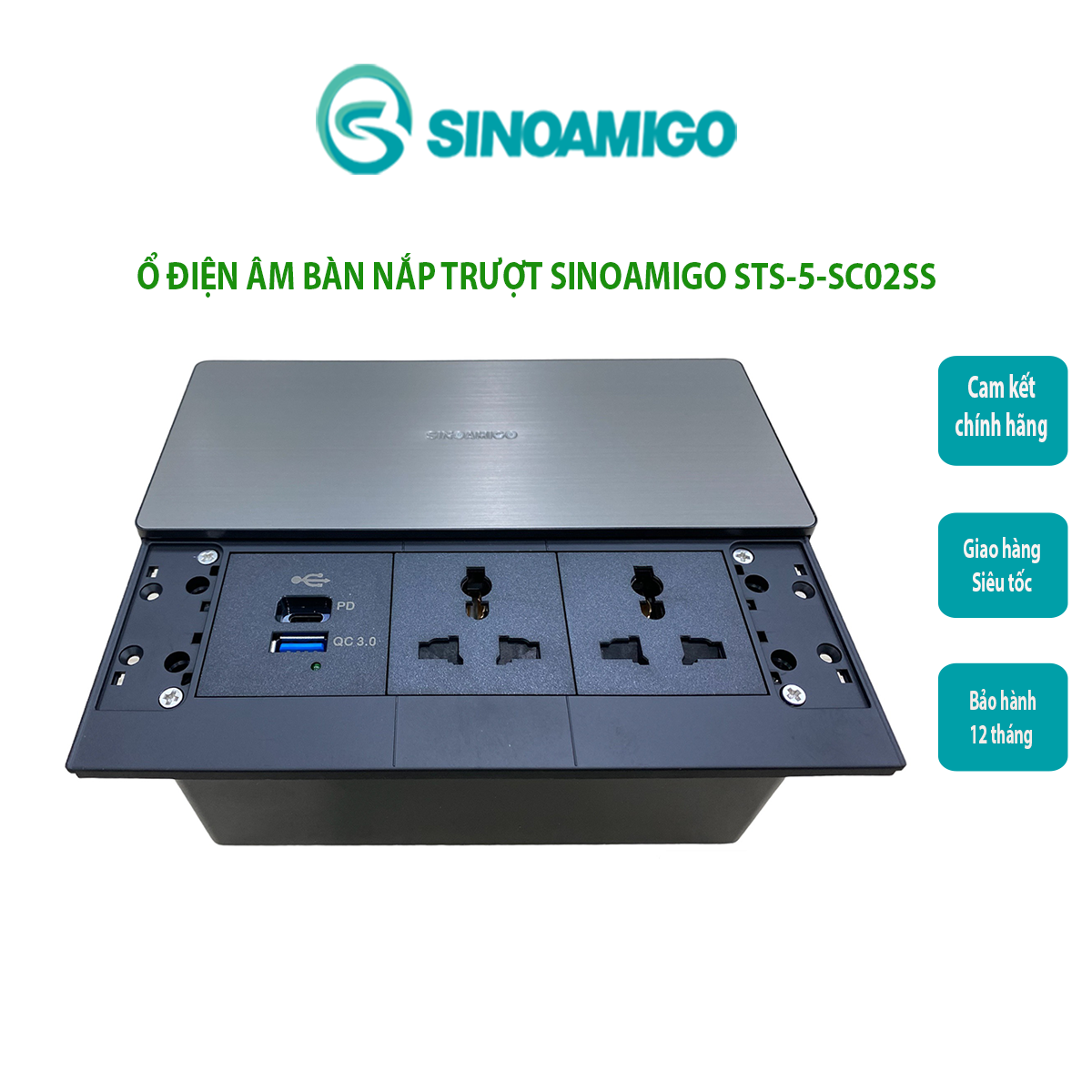Hộp ổ cắm âm bàn tích hợp cổng sạc USB type C PD Sinoamigo STS-5-SC02SS, thiết kế nắp trượt tiện dụng - Hàng chính hãng Sinoamigo