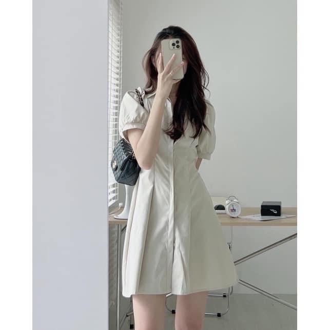 VÁY ĐẦM KAKI CỔ ĐỨC DẤU KHUY TAY BỒNG CHUN LƯNG CHIẾT EO SIÊU XINH