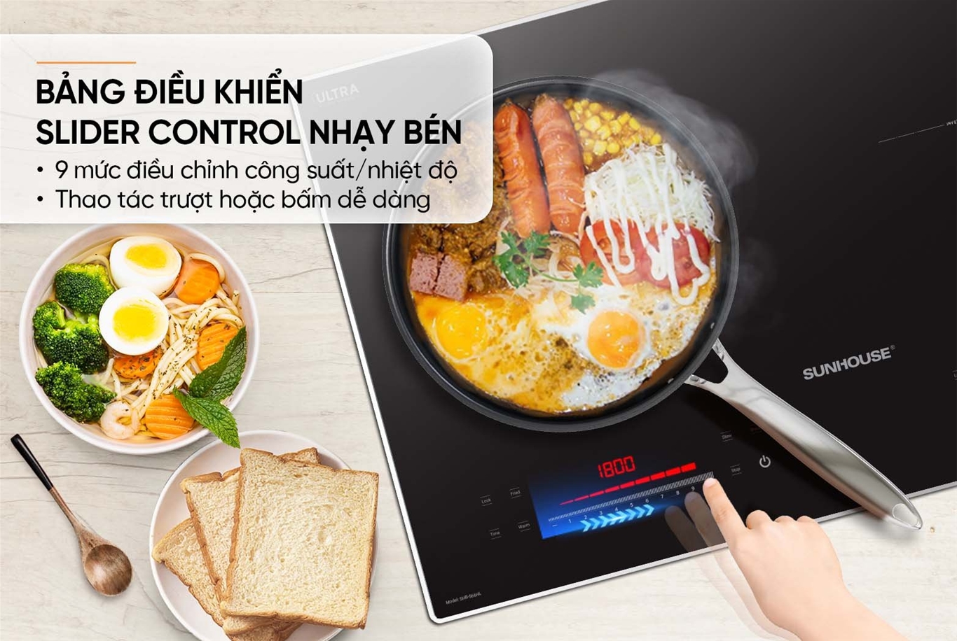 Bếp từ đôi Sunhouse SHB-566HL, Công suất 4000W, Mặt kính Ultra Vitro Ceramic bo viền sang trọng, Chức năng nấu nhanh Booster, Bảng điều khiển Slider Control siêu nhạy, Tính năng hẹn giờ, khóa trẻ em, tự động ngắt, Hàng chính hãng - BH 3 năm tại nhà