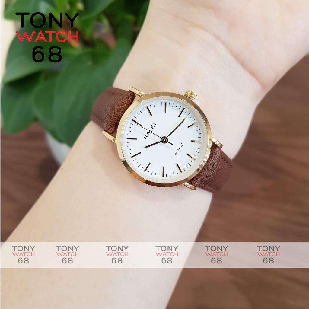 Đồng hồ nữ Halei dây da nâu mặt số vạch chính hãng Tony Watch 68