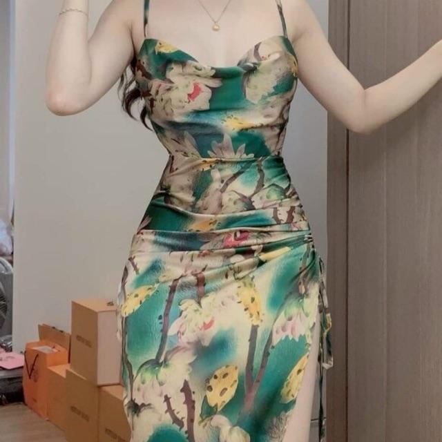 Đầm thun dẻo 2 dây cổ đổ có mút ngực sexy sang chảnh