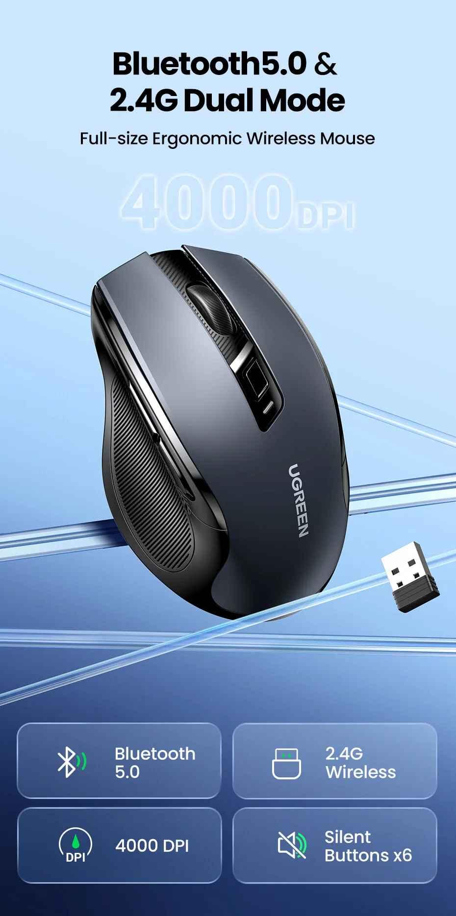 Ugreen UG90855MU006TK 4000dpi 2.4Ghz Bluetooth Chuột không dây + Bluetooth Ergonomic Mouse không kèm pin AA - HÀNG CHÍNH HÃNG