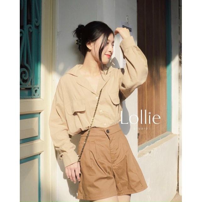 Set áo sơmi cổ vest nâu kem túi nắp tay dài , quần ngố nâu đậm