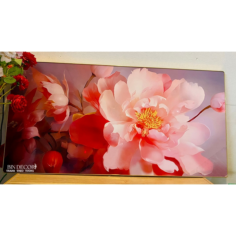 (ẢNH THẬT) Tranh treo tường hoa mẫu đơn hồng có sẵn khung kèm đinh