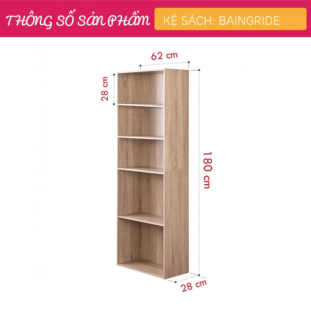 Kệ sách, kệ trang trí gỗ hiện đại SMLIFE Baingride  | Gỗ MDF dày 17mm chống ẩm | D62xR28xC180cm