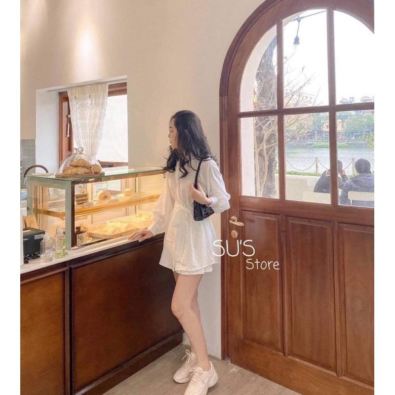 Áo kiểu Áo kiểu nữ thắt nơ bụng màu trắng/be phối cổ sơ mi dài tay siêu xinh