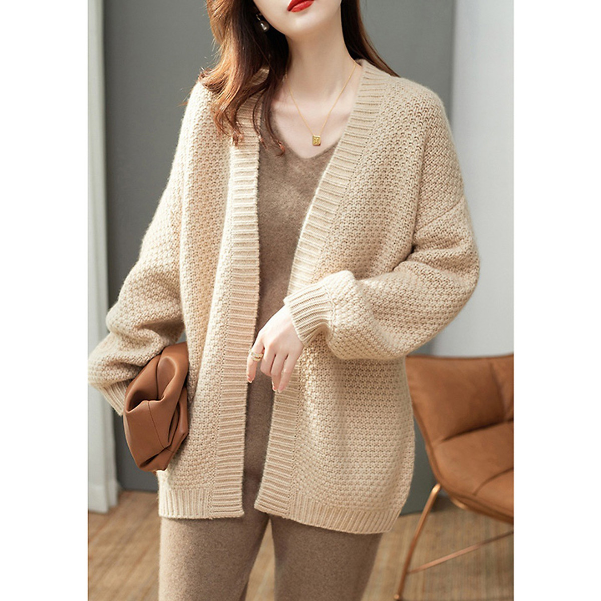 Áo khoác cardigan len nữ form rộng, len rệt tổ ong dày dặn ấm áp - Be